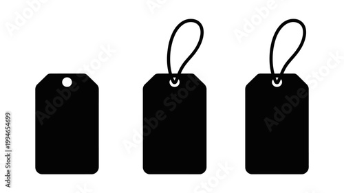 A simple graphic depicts three black tags each rectangular with a rounded loop at the top for attachment high quality professional detailed modern elegant stylish clean