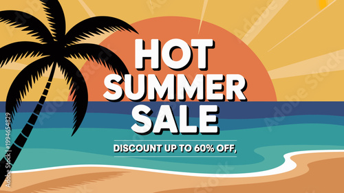 A vibrant promotional graphic depicts a tropical scene with a large hot summer sale text overlay and a discount offer high quality professional detailed modern elegant
