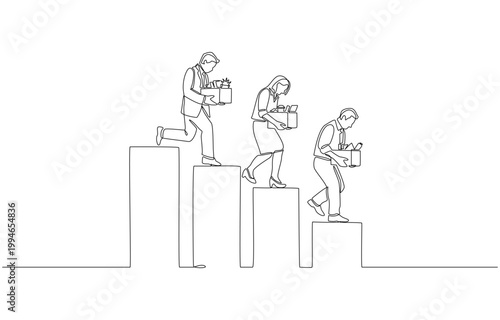 Continuous one line of employees walking down a descending bar chart, representing layoffs and economic downturn, single line art