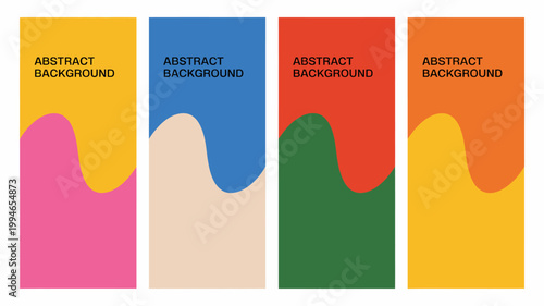 Four vertically oriented abstract backgrounds feature vibrant color blocking and flowing wavy shapes creating a modern and dynamic visual composition high quality professional detailed elegant stylish