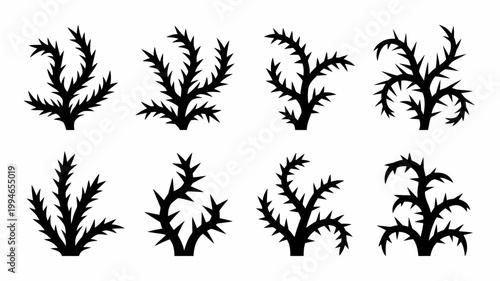 A collection of eight black silhouettes depicting spiky thorn covered plants or cacti arranged in a grid pattern high quality professional detailed modern elegant stylish clean