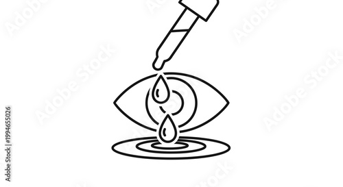 Eye drops falling from dropper into eye, eye care and vision concept, line art illustration