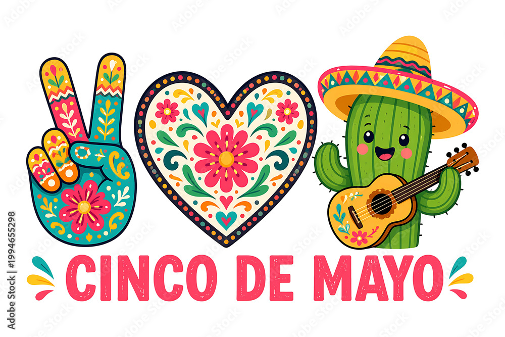 Naklejka premium Cinco De Mayo Cute Cactus with Guitar Peace Hand and Floral Heart Mexican Fiesta Illustration
