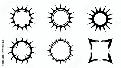 A collection of six black tribal style circular and square frames are displayed against a stark white background offering design elements high quality professional detailed modern