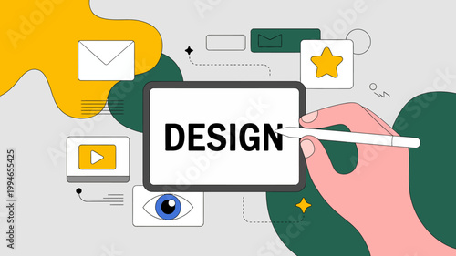 A digital illustration depicts graphic design concepts featuring a tablet with the word design and surrounding creative tools high quality professional detailed modern elegant stylish clean