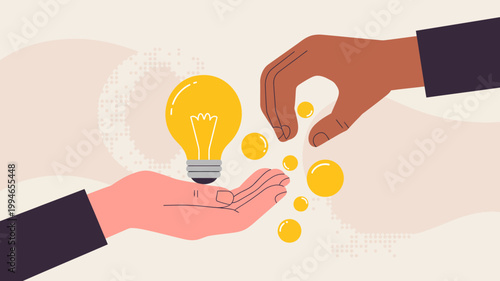 Two hands one light and one dark exchange coins and a glowing lightbulb symbolizing innovation and support high quality professional detailed modern elegant stylish clean crisp