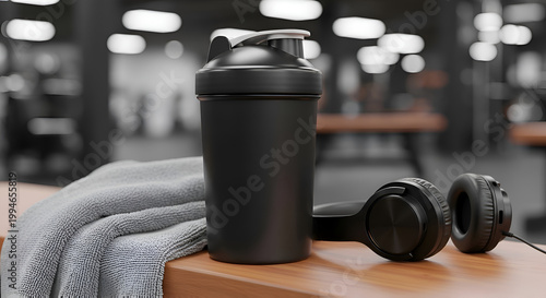 Fitness gym accessories on wooden table.