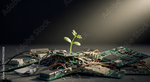 Green plant growing from computer circuit boards.
