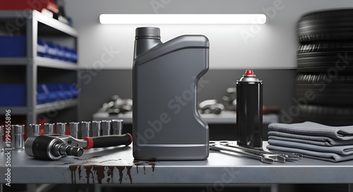 Car maintenance tools on workbench.