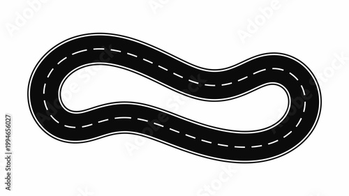 A black and white illustration depicts a winding road with dashed lane markings forming a figure eight or infinity symbol shape high quality professional detailed modern