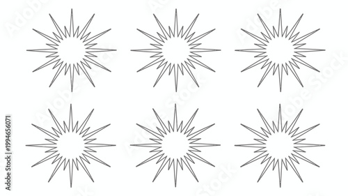 A grid of nine black and white starburst shapes each radiating lines from a central point creating a retro aesthetic high quality professional detailed modern elegant