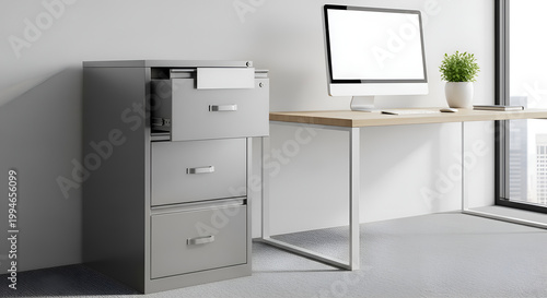 Modern office workspace with computer and filing cabinet.