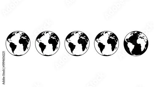 A series of five black and white illustrations depicts the earth showing varying degrees of shading and light on its surface high quality professional detailed modern
