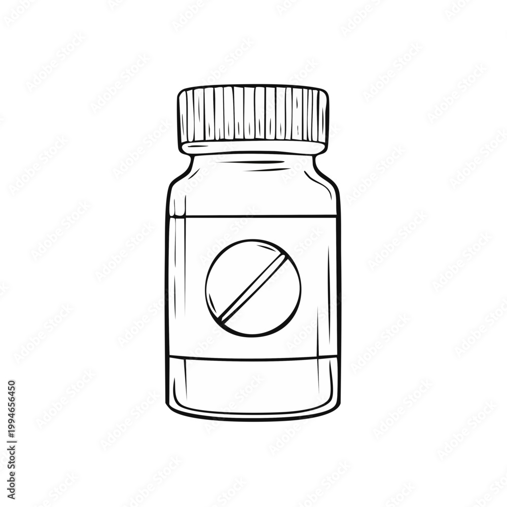 Fototapeta premium Outline of a medicine bottle with a pill inside on a plain background