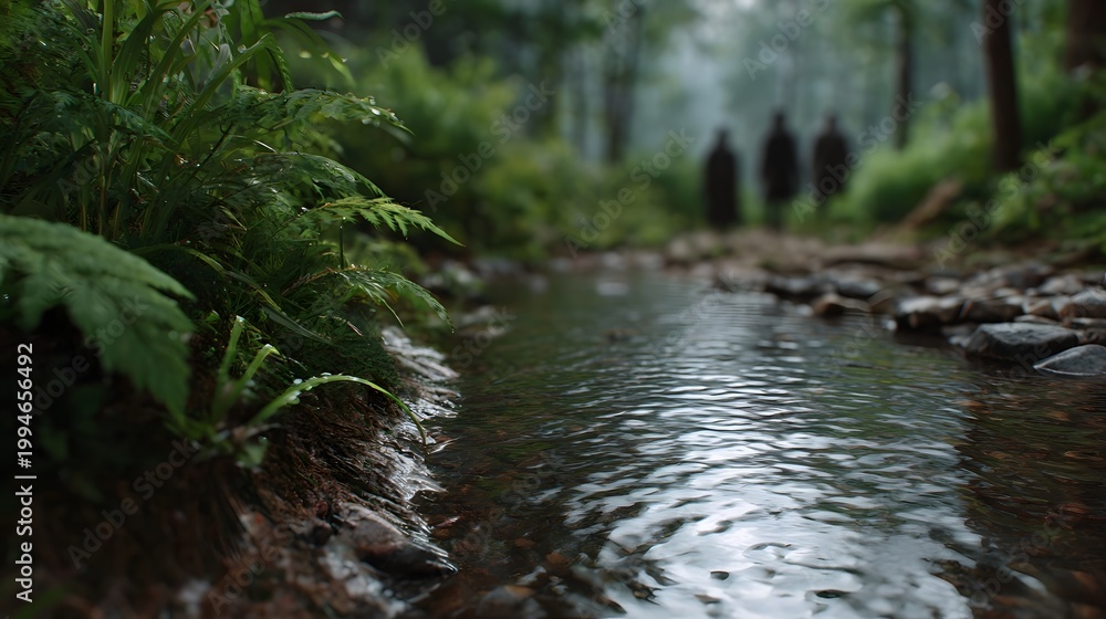 Fototapeta premium A mysterious group of figures walks along a secluded overgrown forest stream highlighting the deep natural environment