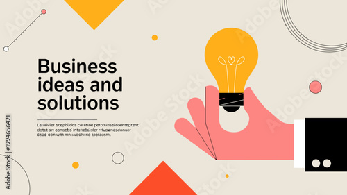 A graphic illustration depicts a hand holding a glowing lightbulb symbolizing business ideas and innovative solutions with abstract shapes high quality professional detailed modern elegant stylish