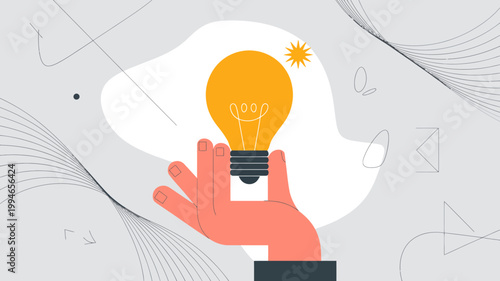 A stylized illustration depicts a hand holding a glowing lightbulb symbolizing a bright idea or innovation with abstract shapes high quality professional detailed modern elegant stylish