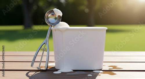 Ice cream scoop in white container outdoors.