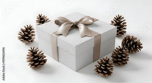 White gift box with pine cones.