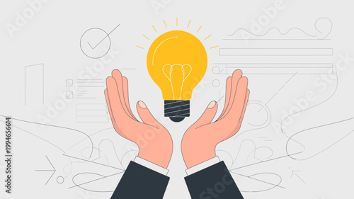 A pair of hands gently cradle a glowing lightbulb representing innovation ideas and creative thinking in a modern design high quality professional detailed elegant stylish clean