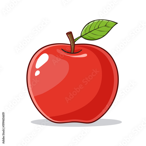 Vibrant Red Apple with Green Leaf and Stem Illustration