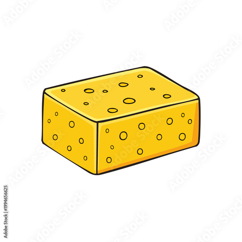 Yellow Cheese Block with Round Holes Cartoon Illustration