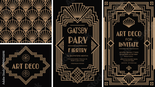 A collage displays four art deco designs featuring geometric patterns gold tones and elegant typography on dark backgrounds high quality professional detailed modern stylish clean crisp
