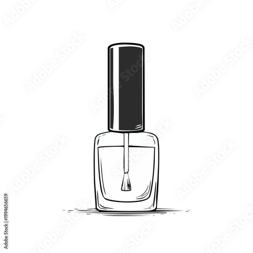 Hand-drawn illustration of a clear nail polish bottle with brush, minimalist beauty cosmetic art.