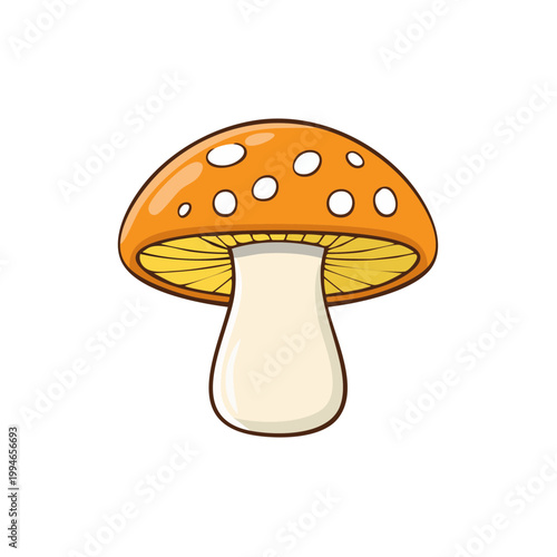 Cartoon orange mushroom with white spots and a light stem isolated on white background