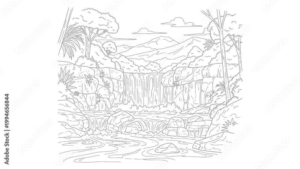 Naklejka premium Beautiful tropical waterfall scene in a serene natural jungle landscape