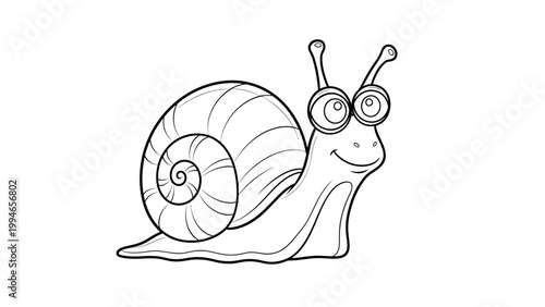 A cute cartoon snail with big eyes on a white background.