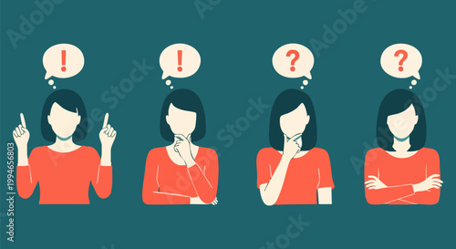 Flat vector illustration of woman thinking and problem solving, female character with question and exclamation marks, decision making process concept