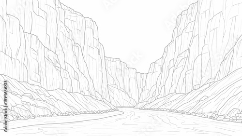 Outline drawing of a vast river canyon with towering rock formations.