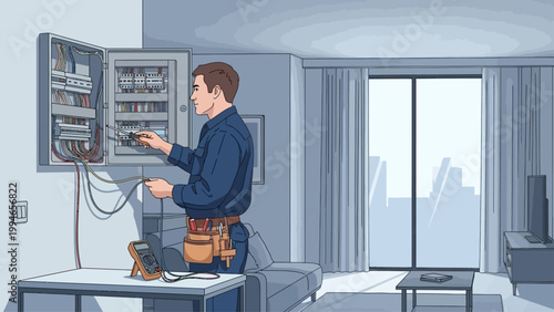 Electrician working on a fuse box in a modern living room.