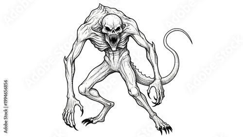 Creepy skeletal monster illustration with a skull face and sharp claws.