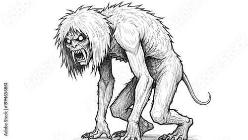 A creepy feral monster creature illustration with sharp fangs and glowing eyes.