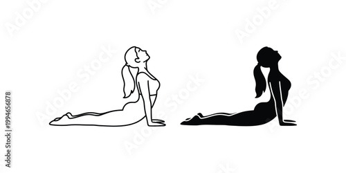 Woman performing cobra yoga pose, outline and silhouette