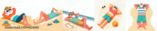 vector of a grandpa lying on his back relaxing on the beach enjoying summer