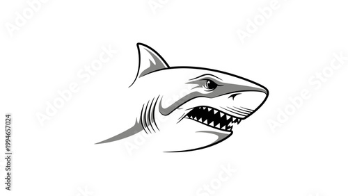Aggressive shark head with bared teeth in monochrome illustration.