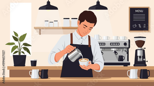 Skilled barista preparing a beautiful latte with artistic milk foam in a cafe.