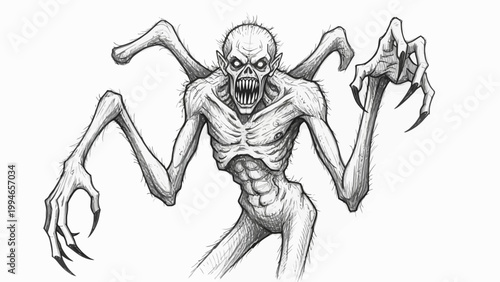Horror fantasy monster drawing with sharp claws and menacing teeth