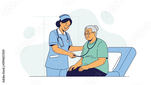 Nurse performs a health examination on an elderly patient.