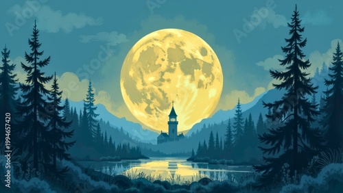 Full Moon Over Forest Lake Castle
