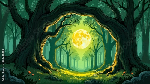 Magical forest with moonlit path