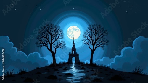 Moonlit Night Gate With Trees And Reflection