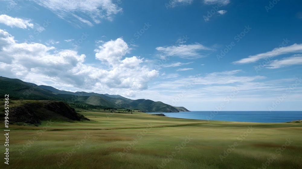 Fototapeta premium A panoramic view of a vast meadow leading toward a calm blue ocean under a dramatic cloudy sky
