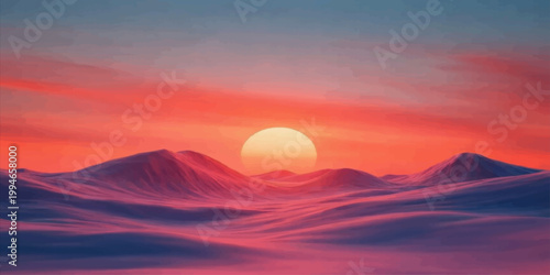 A breathtaking sunset casts vibrant orange and red light over a majestic mountain landscape as the sun dips below the horizon, painting the clouds and sky in the beauty of dusk