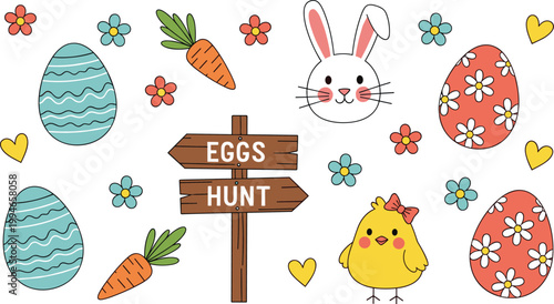 Easter egg hunt scene with bunny chick decorated eggs flowers and sign spring holiday cute vector illustration