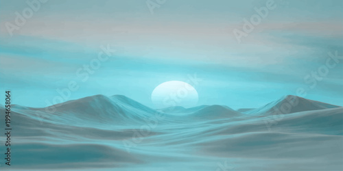 A breathtaking mountain landscape at sunset features vibrant clouds reflecting over the calm water of a summer sea as the golden sunrise light illuminates the blue horizon and distant peaks