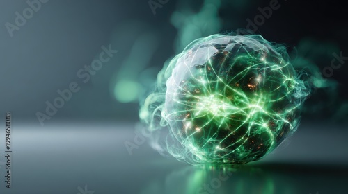 Abstract Energy Sphere: A captivating representation of energy and interconnectedness, this image features a glowing sphere enshrouded in an aura of light and ethereal mist.